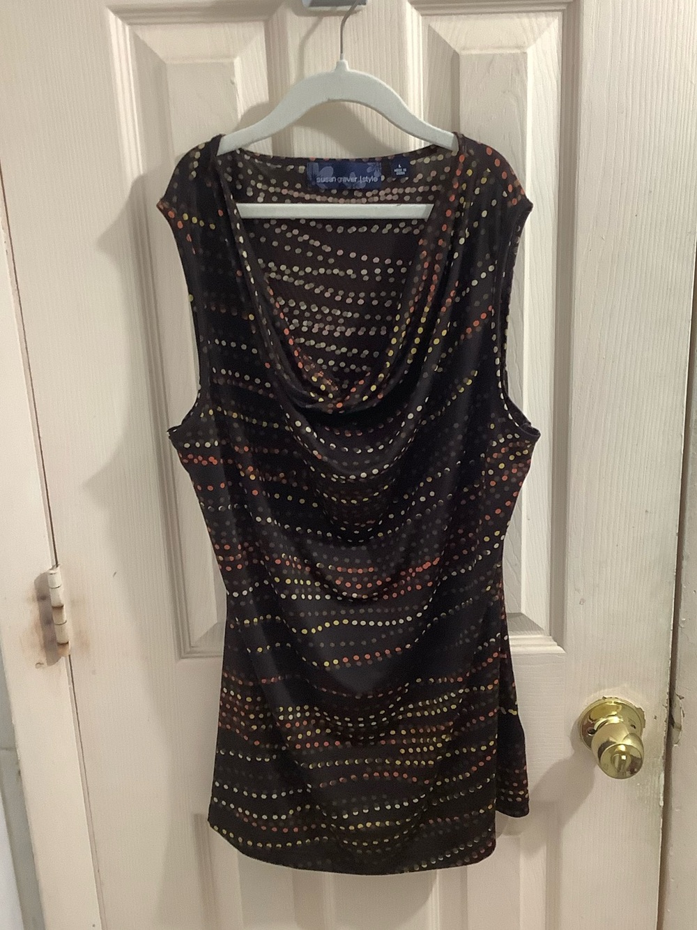 Susan Graver Chocolate Brown Multicolor Polka Dot Top size L